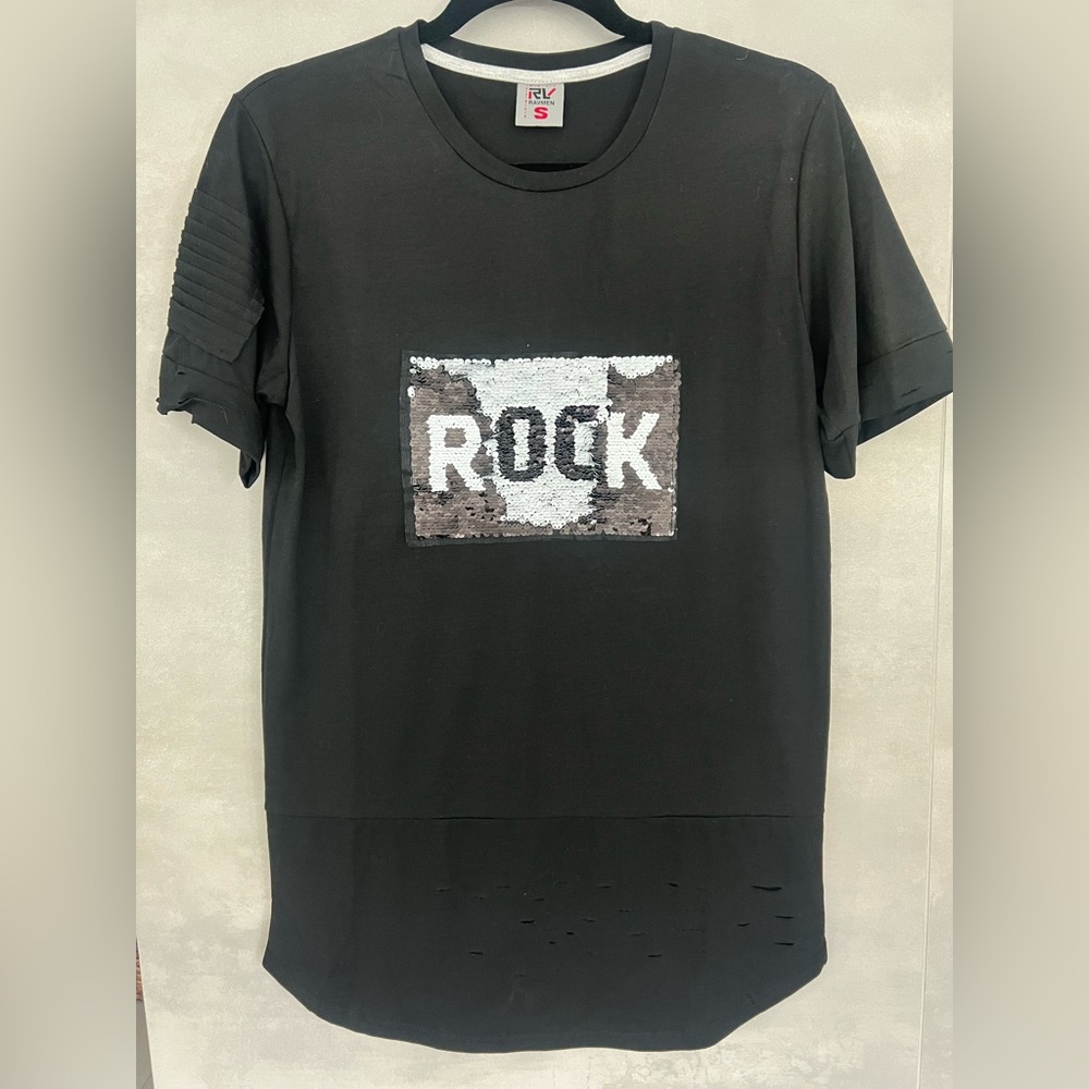 Black Sequin 'ROCK' Graphic Men's Tee party rave club dance SMALL dinner night